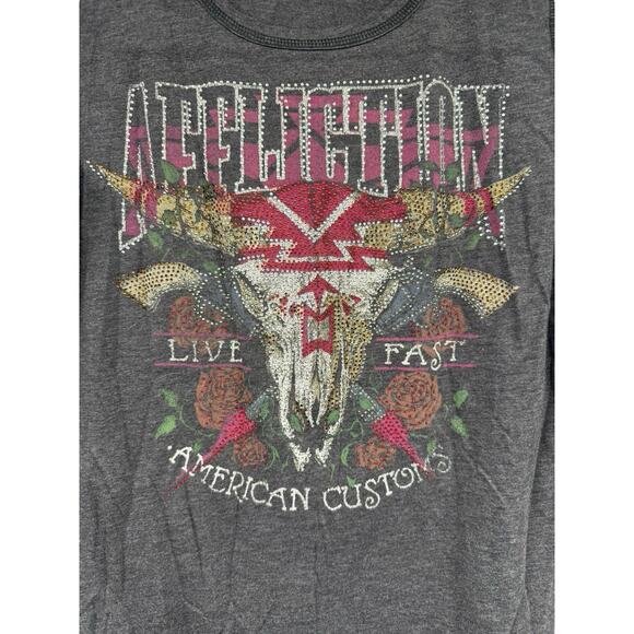 Affliction American Customs Rhinestone Embellished Lace Sleeve T Shirt Womens XL - Picture 2 of 6